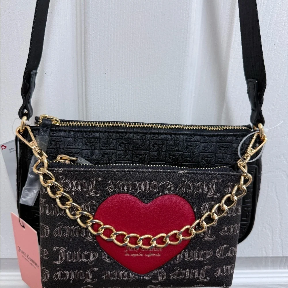 NWT Juicy Couture Double Trouble II Crossbody Bag Heart and Gold Chain